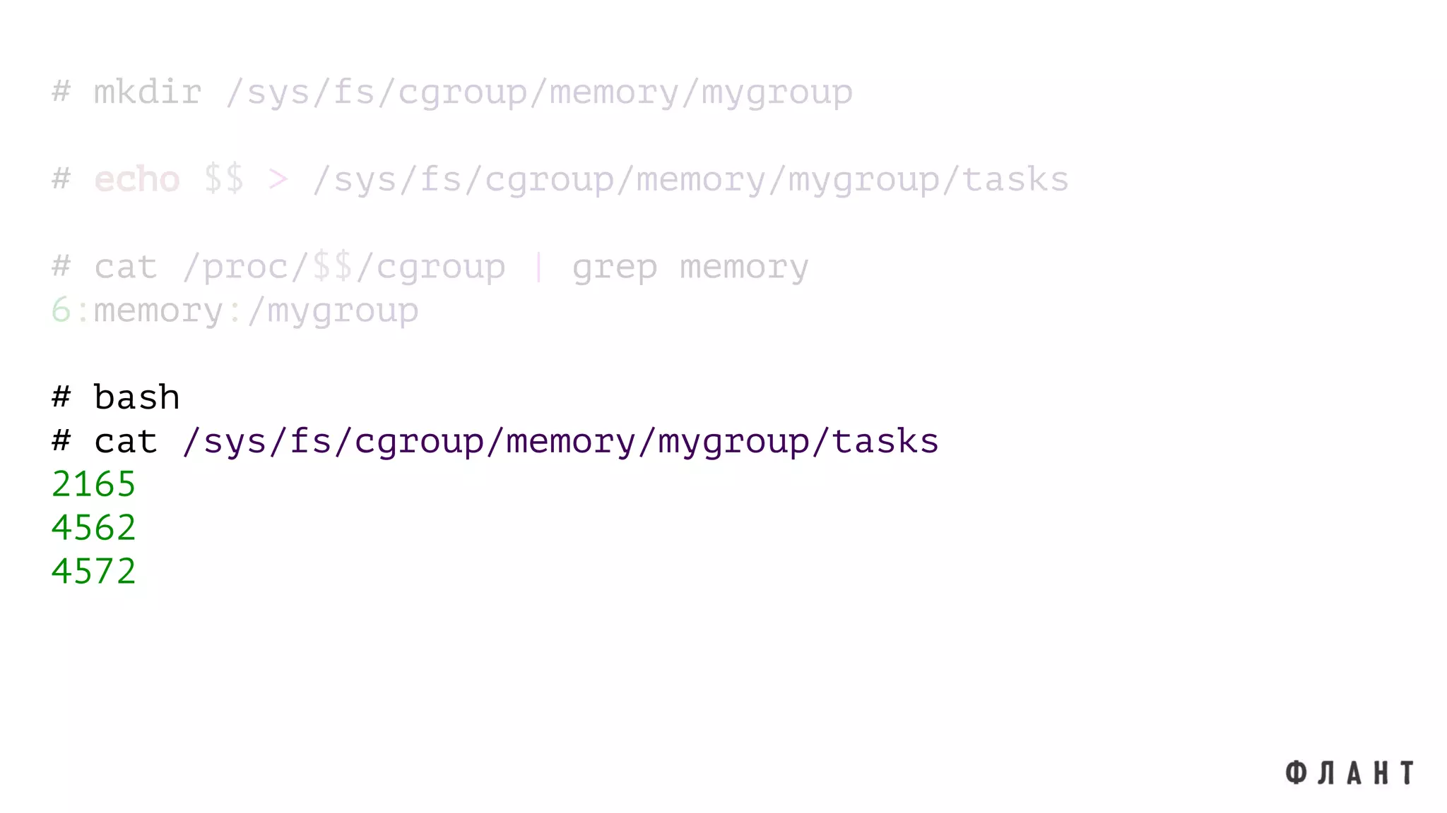 # mkdir /sys/fs/cgroup/memory/mygroup
# echo $$ > /sys/fs/cgroup/memory/mygroup/tasks
# cat /proc/$$/cgroup | grep memory
6:memory:/mygroup
# bash
# cat /sys/fs/cgroup/memory/mygroup/tasks
2165
4562
4572
 