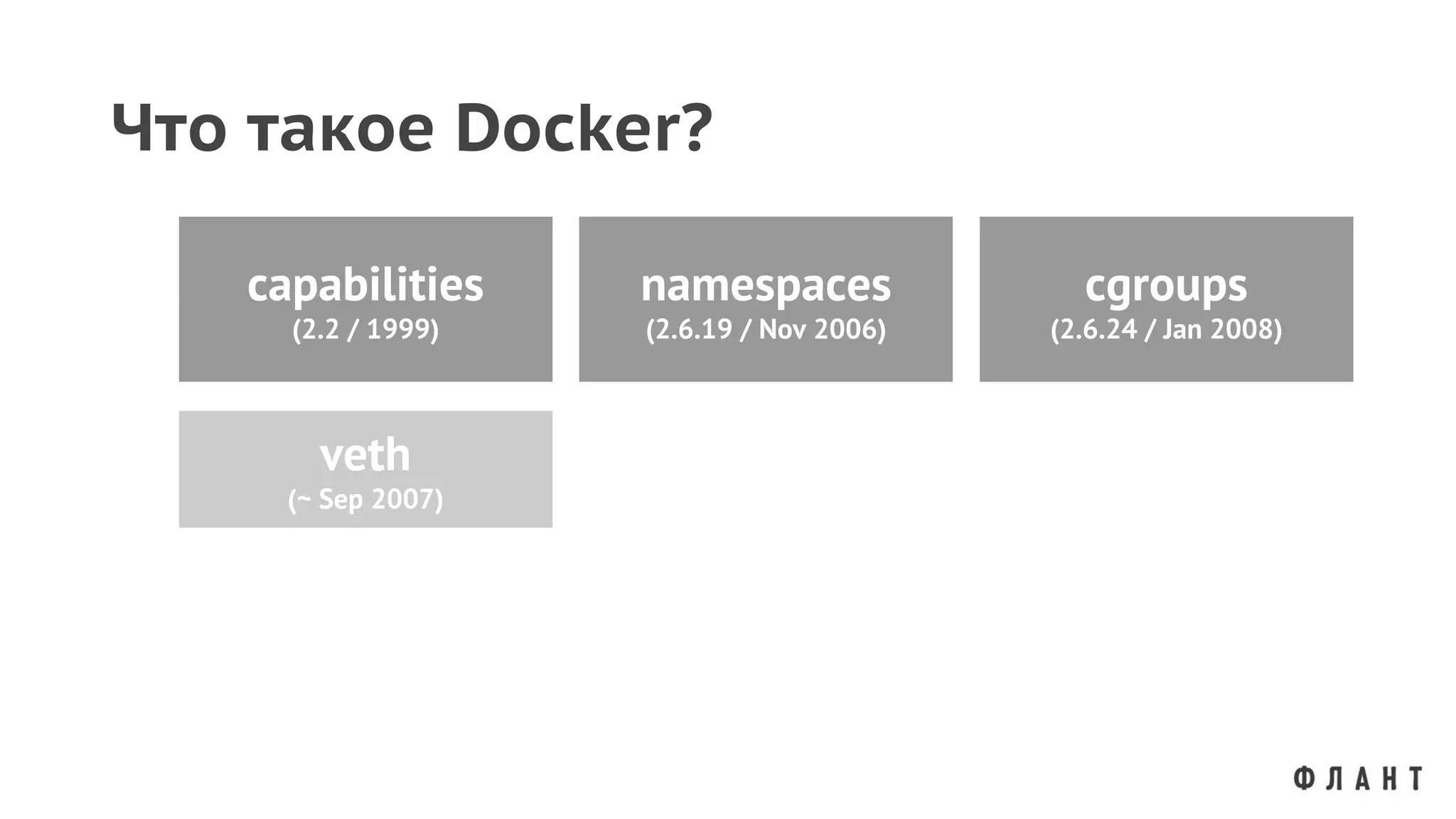 Что такое Docker?
capabilities
(2.2 / 1999)
namespaces
(2.6.19 / Nov 2006)
cgroups
(2.6.24 / Jan 2008)
veth
(~ Sep 2007)
 
