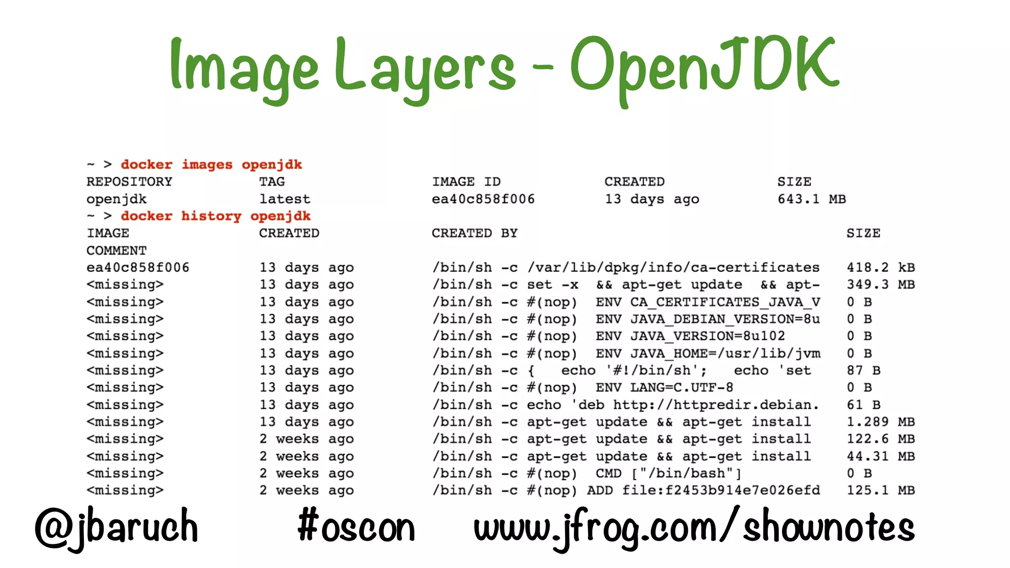 Image Layers - OpenJDK
@jbaruch #oscon www.jfrog.com/shownotes
 