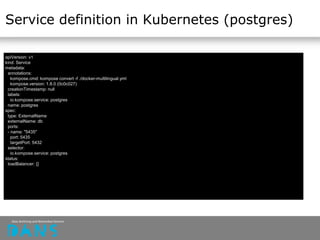 Service definition in Kubernetes (postgres)
apiVersion: v1
kind: Service
metadata:
annotations:
kompose.cmd: kompose convert -f ./docker-multilingual.yml
kompose.version: 1.8.0 (0c0c027)
creationTimestamp: null
labels:
io.kompose.service: postgres
name: postgres
spec:
type: ExternalName
externalName: db
ports:
- name: "5435"
port: 5435
targetPort: 5432
selector:
io.kompose.service: postgres
status:
loadBalancer: {}
 