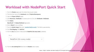 Workload with NodePort Quick Start
source : https://rancher.com/docs/rancher/v2.x/en/quick-start-guide/workload/quickstart-deploy-workload-nodeport/
 