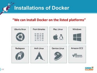 2 
Installations of Docker 
“We can Install Docker on the listed platforms” 
 