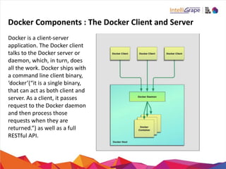 Docker	
  Components	
  :	
  The	
  Docker	
  Client	
  and	
  Server
Docker	
  is	
  a	
  client-­‐server	
  
application.	
  The	
  Docker	
  client	
  
talks	
  to	
  the	
  Docker	
  server	
  or	
  
daemon,	
  which,	
  in	
  turn,	
  does	
  
all	
  the	
  work.	
  Docker	
  ships	
  with	
  
a	
  command	
  line	
  client	
  binary,	
  
‘docker’(“it	
  is	
  a	
  single	
  binary,	
  
that	
  can	
  act	
  as	
  both	
  client	
  and	
  
server.	
  As	
  a	
  client,	
  it	
  passes	
  
request	
  to	
  the	
  Docker	
  daemon	
  
and	
  then	
  process	
  those	
  
requests	
  when	
  they	
  are	
  
returned.”)	
  as	
  well	
  as	
  a	
  full	
  
RESTful	
  API.
 