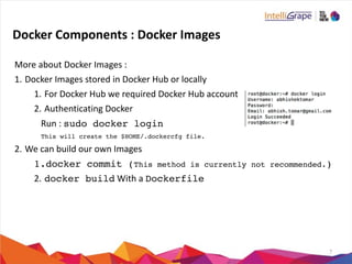 7
Docker	
  Components	
  :	
  Docker	
  Images	
  
More	
  about	
  Docker	
  Images	
  :	
  
1. Docker	
  Images	
  stored	
  in	
  Docker	
  Hub	
  or	
  locally	
  
1. For	
  Docker	
  Hub	
  we	
  required	
  Docker	
  Hub	
  account	
  
2. Authenticating	
  Docker	
  	
  
Run	
  :	
  sudo docker login
This will create the $HOME/.dockercfg file.	
  
2. We	
  can	
  build	
  our	
  own	
  Images	
  
1.docker commit (This method is currently not recommended.)
2. docker build	
  With	
  a	
  Dockerfile
 
