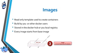 • Read only template used to create containers
• Build by you or other docker users
• Stored in the docker hub or you local registry
• Every image starts from base image
 