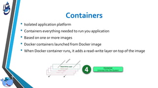 • Isolated application platform
• Containers everything needed to run you application
• Based on one or more images
• Docker containers launched from Docker image
• When Docker container runs, it adds a read-write layer on top of the image
 