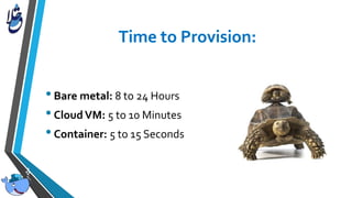 •Bare metal: 8 to 24 Hours
•CloudVM: 5 to 10 Minutes
•Container: 5 to 15 Seconds
 