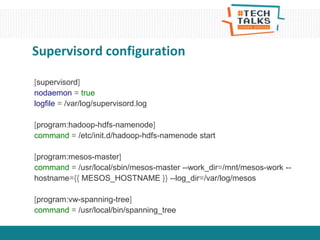 Supervisord configuration
[supervisord]
nodaemon = true
logfile = /var/log/supervisord.log
[program:hadoop-hdfs-namenode]
command = /etc/init.d/hadoop-hdfs-namenode start
[program:mesos-master]
command = /usr/local/sbin/mesos-master --work_dir=/mnt/mesos-work --
hostname={{ MESOS_HOSTNAME }} --log_dir=/var/log/mesos
[program:vw-spanning-tree]
command = /usr/local/bin/spanning_tree
 