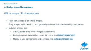 4. Docker Image Namespaces
Official Images / Root Namespace
● Root namespace is for official images.
They are put by Docker Inc., and generally authored and maintained by third parties.
● Includes images like:
○ Small, "swiss-army-knife" images like busybox.
○ Distro images to be used as bases for builds like ubuntu, fedora, etc.
○ Ready-to-use components and services, like redis, postgresql, etc.
Components of Docker
 