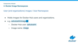 4. Docker Image Namespaces
User (and organizations) images / User Namespace
● Holds images for Docker Hub users and organizations.
● e.g. ashutoshh/image
○ Docker Hub user: ashutoshh
○ Image name: image
Components of Docker
 