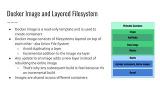 Docker Image and Layered Filesystem
● Docker image is a read-only template and is used to
create containers
● Docker image consists of ﬁlesystems layered on top of
each other - aka Union File System
○ Avoid duplicating a layer
○ Incremental addition to the image via layer
● Any update to an image adds a new layer instead of
rebuilding the entire image
○ That’s why any subsequent build is fast because it’s
an incremental build
● Images are shared across different containers
 