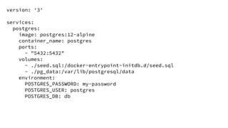 version: '3'
services:
postgres:
image: postgres:12-alpine
container_name: postgres
ports:
- "5432:5432"
volumes:
- ./seed.sql:/docker-entrypoint-initdb.d/seed.sql
- ./pg_data:/var/lib/postgresql/data
environment:
POSTGRES_PASSWORD: my-password
POSTGRES_USER: postgres
POSTGRES_DB: db
 