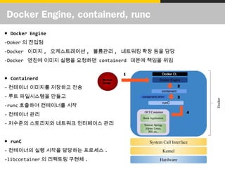 Docker Engine, containerd, runc
● Docker Engine
-Doker 의 진입점
-Docker 이미지 , 오케스트레이션 , 볼륨관리 , 네트워킹 확장 등을 담당
-Docker 엔진에 이미지 실행을 요청하면 containerd 데몬에 책임을 위임
● Containerd
- 컨테이너 이미지를 저장하고 전송
- 루트 파일시스템을 만들고
-runc 호출하여 컨테이너를 시작
- 컨테이너 관리
- 저수준의 스토리지와 네트워크 인터페이스 관리
● runC
- 컨테이너의 실행 시작을 담당하는 프로세스 .
-libcontainer 의 리팩토링 구현체 .
 