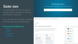 Docker store
• A marketplace for you to get the
latest trusted containers, plugins,
and Docker editions!
• You can search, browse, purchase
and manage from one location.
• Community Edition for:
−Mac
−AWS
−Fedora
−CentOS
 