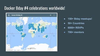 Docker Bday #4 celebrations worldwide!
● 150+ Bday meetups!
● 50+ Countries
● 6000+ RSVPs
● 700+ mentors
 