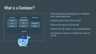 What is a Container?
• Standardized packaging for software
and dependencies
• Isolate apps from each other
• Share the same OS kernel
• Works for all major Linux distributions
• Containers native to Windows Server
2016
 