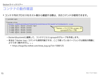 Open Cloud Campus
15
Dockerクイックツアー
コンテナのディスクイメージを保存
 終了したコンテナで不要なものは、次のコマンドで削除しておきます。
# docker ps -a
CONTAINER ID IMAGE COMMAND CREATED STATUS
PORTS NAMES
16dd08fefadb enakai/centos6:traceroute /bin/bash 2 minutes ago Exited (0) 2
seconds ago distracted_fermi
fb21d0c069bf centos:centos6 /bin/bash 7 minutes ago Exited (0) 4
minutes ago boring_bardeen
# docker rm 16dd08fefadb
docker r16dd08fefadb
# docker rm fb21d0c069bf
fb21d0c069bf
# docker ps -a
CONTAINER ID IMAGE COMMAND CREATED STATUS PORTS
NAMES
 