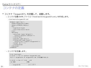 Open Cloud Campus
31
Dockerクイックツアー
コンテナの定義
 コンテナ「lxcguest01」を定義して、起動します。
– コンテナ定義のXMLファイル「/root/work/lxcguest01.xml」を作成します。
– コンテナを定義します。
<domain type='lxc'>
<name>lxcguest01</name>
<memory>200000</memory>
<os>
<type>exe</type>
<init>/bin/init</init>
</os>
<devices>
<interface type='network'>
<source network='default'/>
</interface>
<console type='pty'/>
<filesystem type='mount'>
<source dir='/export/lxcguest01'/>
<target dir='/'/>
</filesystem>
</devices>
</domain>
/root/work/lxcguest01.xml
# cd /root/work
# virsh -c lxc:/// define lxcguest01.xml
ドメイン lxcguest01 が lxcguest01.xml から定義されました
# virsh -c lxc:/// list --all
Id 名前 状態
----------------------------------
- lxcguest01 シャットオフ
 