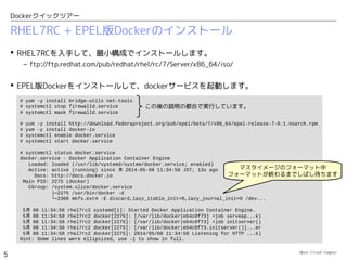 Open Cloud Campus
5
Dockerクイックツアー
一般的なサーバ仮想化の分類
物理マシン
物理マシン
ホスト OS
ハイパーバイザ
（カーネルモジュール）
仮想
マシン
ゲスト
OS
VMware vSphere, Xen など
Linux KVM
ハードウェアによる仮想化
（物理マシンにハイパーバイザを内蔵）
ソフトウェアによる仮想化
（物理マシン上にハイパーバイザを導入）
ソフトウェアによる仮想化
（ホスト OS にハイパーバイザ機能を追加）
物理マシン
OS
非仮想化環境
基本的には「物理マシン」と同等の「仮想マシン」を複数
作り出す技術です。
仮想
マシン
ゲスト
OS
仮想
マシン
ゲスト
OS
仮想
マシン
ゲスト
OS
仮想
マシン
ゲスト
OS
仮想
マシン
ゲスト
OS
仮想
マシン
ゲスト
OS
仮想
マシン
ゲスト
OS
ハイパーバイザ（ソフトウェア）
仮想
マシン
ゲスト
OS
仮想
マシン
ゲスト
OS
仮想
マシン
ゲスト
OS
物理マシン
ハイパーバイザ（ファームウェア）
 