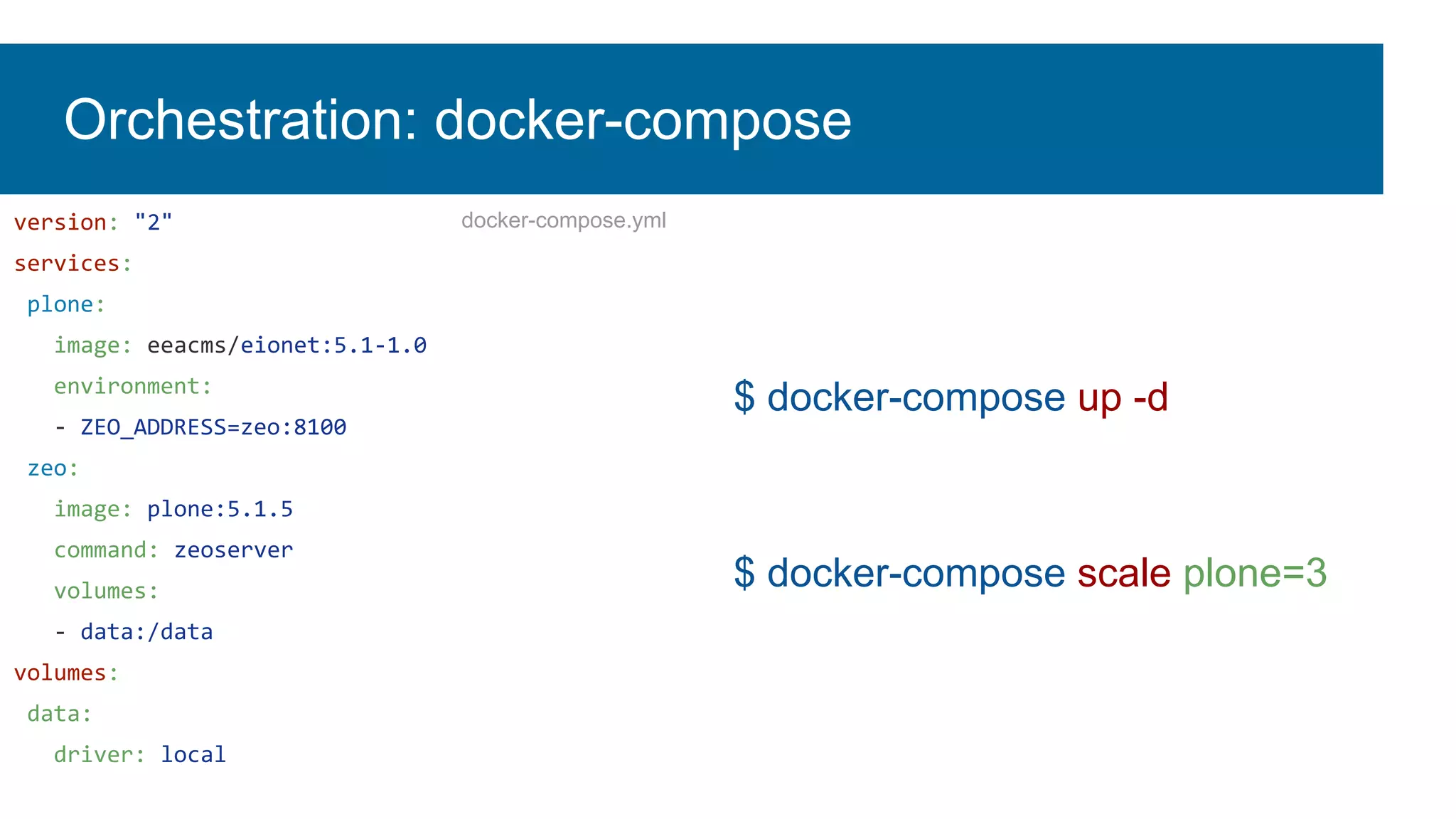 $ docker-compose up -d
$ docker-compose scale plone=3
version: "2"
services:
plone:
image: eeacms/eionet:5.1-1.0
environment:
- ZEO_ADDRESS=zeo:8100
zeo:
image: plone:5.1.5
command: zeoserver
volumes:
- data:/data
volumes:
data:
driver: local
Orchestration: docker-compose
docker-compose.yml
 