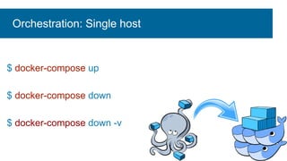 $ docker-compose up
$ docker-compose down
$ docker-compose down -v
Orchestration: Single host
 