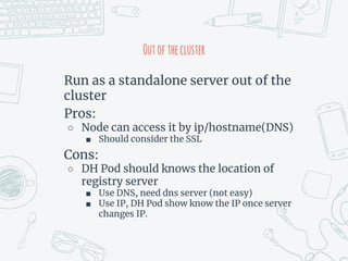 Outofthecluster
Run as a standalone server out of the
cluster
Pros:
○ Node can access it by ip/hostname(DNS)
■ Should consider the SSL
Cons:
○ DH Pod should knows the location of
registry server
■ Use DNS, need dns server (not easy)
■ Use IP, DH Pod show know the IP once server
changes IP.
 