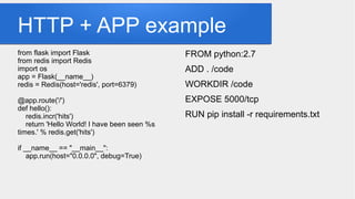HTTP + APP example
from flask import Flask
from redis import Redis
import os
app = Flask(__name__)
redis = Redis(host='redis', port=6379)
@app.route('/')
def hello():
redis.incr('hits')
return 'Hello World! I have been seen %s
times.' % redis.get('hits')
if __name__ == "__main__":
app.run(host="0.0.0.0", debug=True)
FROM python:2.7
ADD . /code
WORKDIR /code
EXPOSE 5000/tcp
RUN pip install -r requirements.txt
 