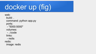 docker up (fig)
web:
build: .
command: python app.py
ports:
- "5000:5000"
volumes:
- .:/code
links:
- redis
redis:
image: redis
 