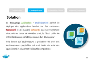 Solution
Mr. JADLI AISSAM 12
Le découplage Application / Environnement permet de
déployer des applications basées sur des conteneurs
facilement et de manière cohérente, que l'environnement
cible soit un centre de données privé, le Cloud public ou
même l'ordinateur portable personnel d'un développeur.
Cela donne aux développeurs la possibilité de créer des
environnements prévisibles qui sont isolés du reste des
applications et peuvent être exécutés n'importe où .
Introduction Conteneurisation Présentation Docker Images et Conteneurs
 