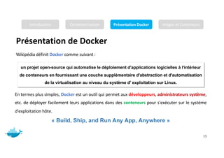 Présentation de Docker
Mr. JADLI AISSAM 15
Wikipédia définit Docker comme suivant :
un projet open-source qui automatise le déploiement d'applications logicielles à l'intérieur
de conteneurs en fournissant une couche supplémentaire d'abstraction et d'automatisation
de la virtualisation au niveau du système d' exploitation sur Linux.
En termes plus simples, Docker est un outil qui permet aux développeurs, administrateurs système,
etc. de déployer facilement leurs applications dans des conteneurs pour s'exécuter sur le système
d'exploitation hôte.
« Build, Ship, and Run Any App, Anywhere »
Introduction Conteneurisation Présentation Docker Images et Conteneurs
 