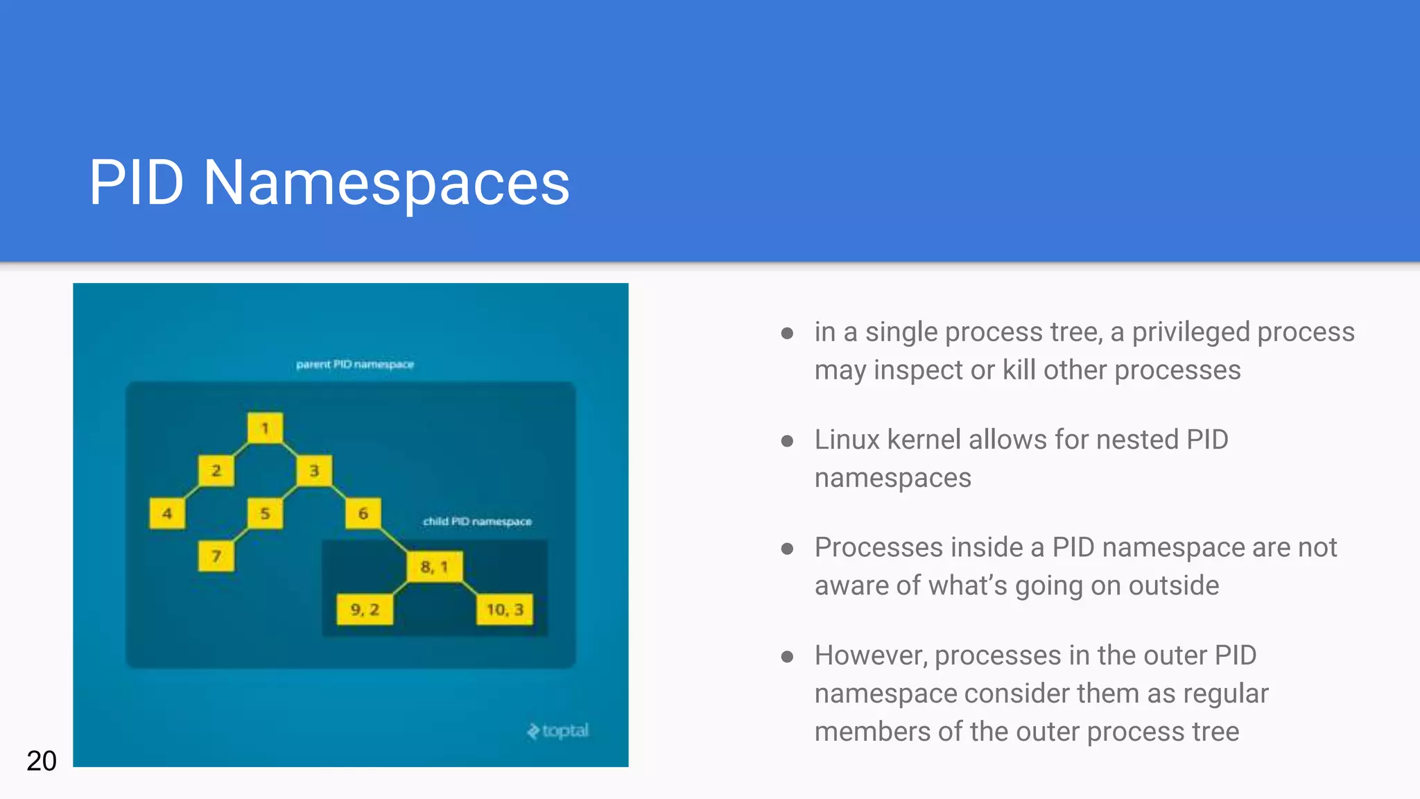 PID Namespaces
20
● in a single process tree, a privileged process
may inspect or kill other processes
● Linux kernel allows for nested PID
namespaces
● Processes inside a PID namespace are not
aware of what’s going on outside
● However, processes in the outer PID
namespace consider them as regular
members of the outer process tree
 
