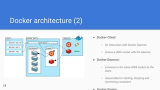 Docker architecture (2)
● Docker Client:
○ for interaction with Docker Daemon
○ shares a UNIX socket with the daemon
● Docker Daemon:
○ connects to the same UNIX socket as the
client
○ responsible for starting, stopping and
monitoring containers
11
 