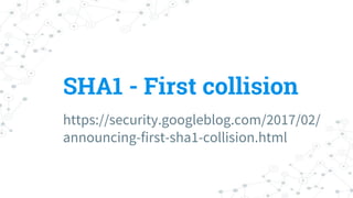 SHA1 - First collision
https://security.googleblog.com/2017/02/
announcing-first-sha1-collision.html
 