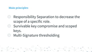 Main principles:
◎ Responsibility Separation to decrease the
scope of a specific role.
◎ Survivable key compromise and scoped
keys.
◎ Multi-Signature thresholding
 
