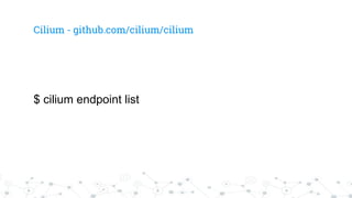 Cilium - github.com/cilium/cilium
$ cilium endpoint list
 