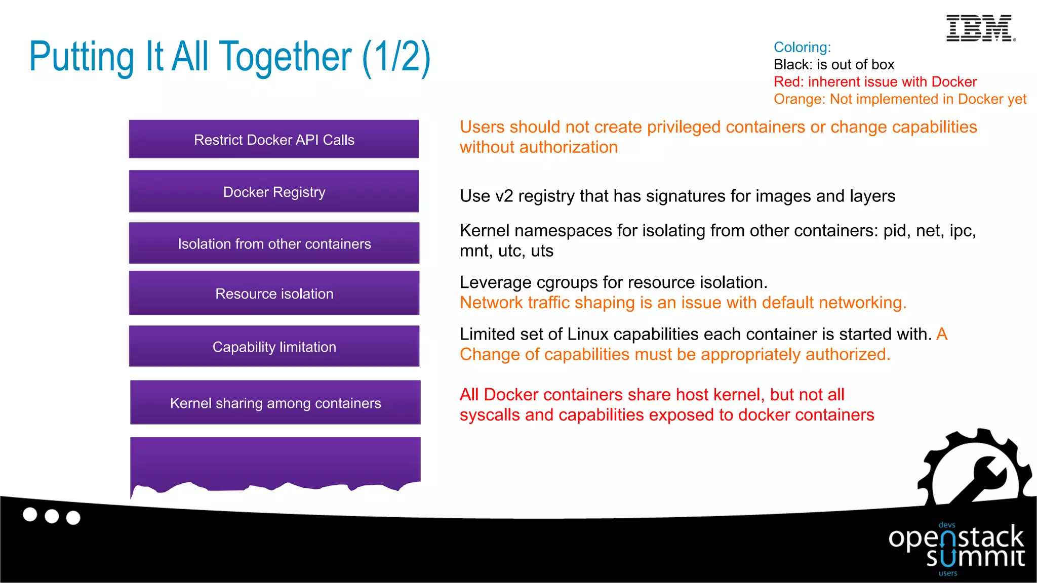 Limited set of Linux capabilities each container is started with. A
Change of capabilities must be appropriately authorized.Capability limitation
Isolation from other containers
Kernel sharing among containers
Resource isolation
Kernel namespaces for isolating from other containers: pid, net, ipc,
mnt, utc, uts
Leverage cgroups for resource isolation.
Network traffic shaping is an issue with default networking.
All Docker containers share host kernel, but not all
syscalls and capabilities exposed to docker containers
Coloring:
Black: is out of box
Red: inherent issue with Docker
Orange: Not implemented in Docker yet
Restrict Docker API Calls
Users should not create privileged containers or change capabilities
without authorization
Docker Registry Use v2 registry that has signatures for images and layers
Putting It All Together (1/2)
 