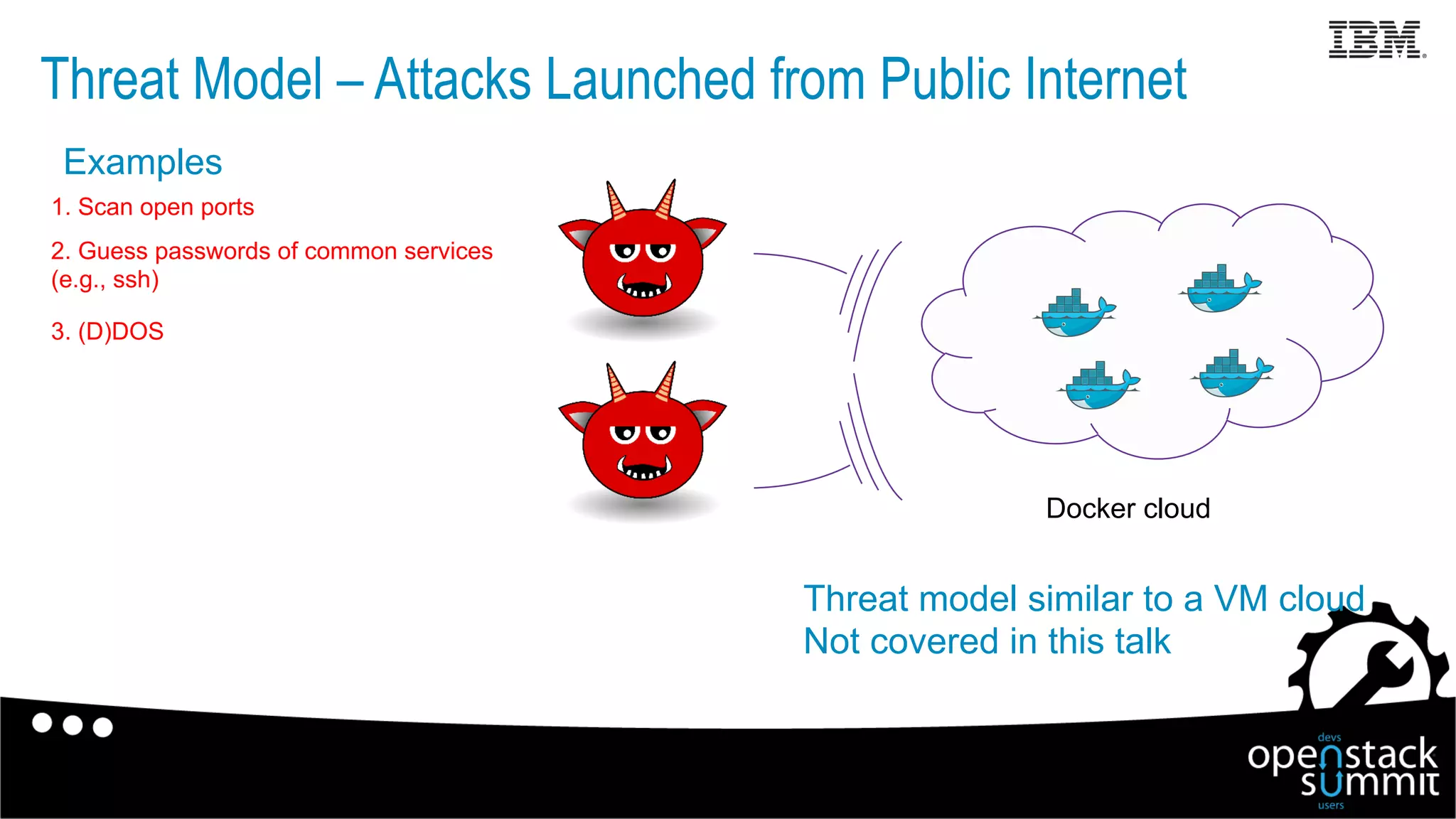Threat Model – Attacks Launched from Public Internet
Threat model similar to a VM cloud
Not covered in this talk
Docker cloud
1. Scan open ports
2. Guess passwords of common services
(e.g., ssh)
3. (D)DOS
Examples
 