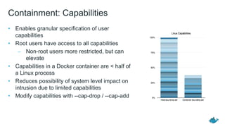 • Enables granular specification of user
capabilities
• Root users have access to all capabilities
– Non-root users more restricted, but can
elevate
• Capabilities in a Docker container are < half of
a Linux process
• Reduces possibility of system level impact on
intrusion due to limited capabilities
• Modify capabilities with --cap-drop / --cap-add
Containment: Capabilities
 
