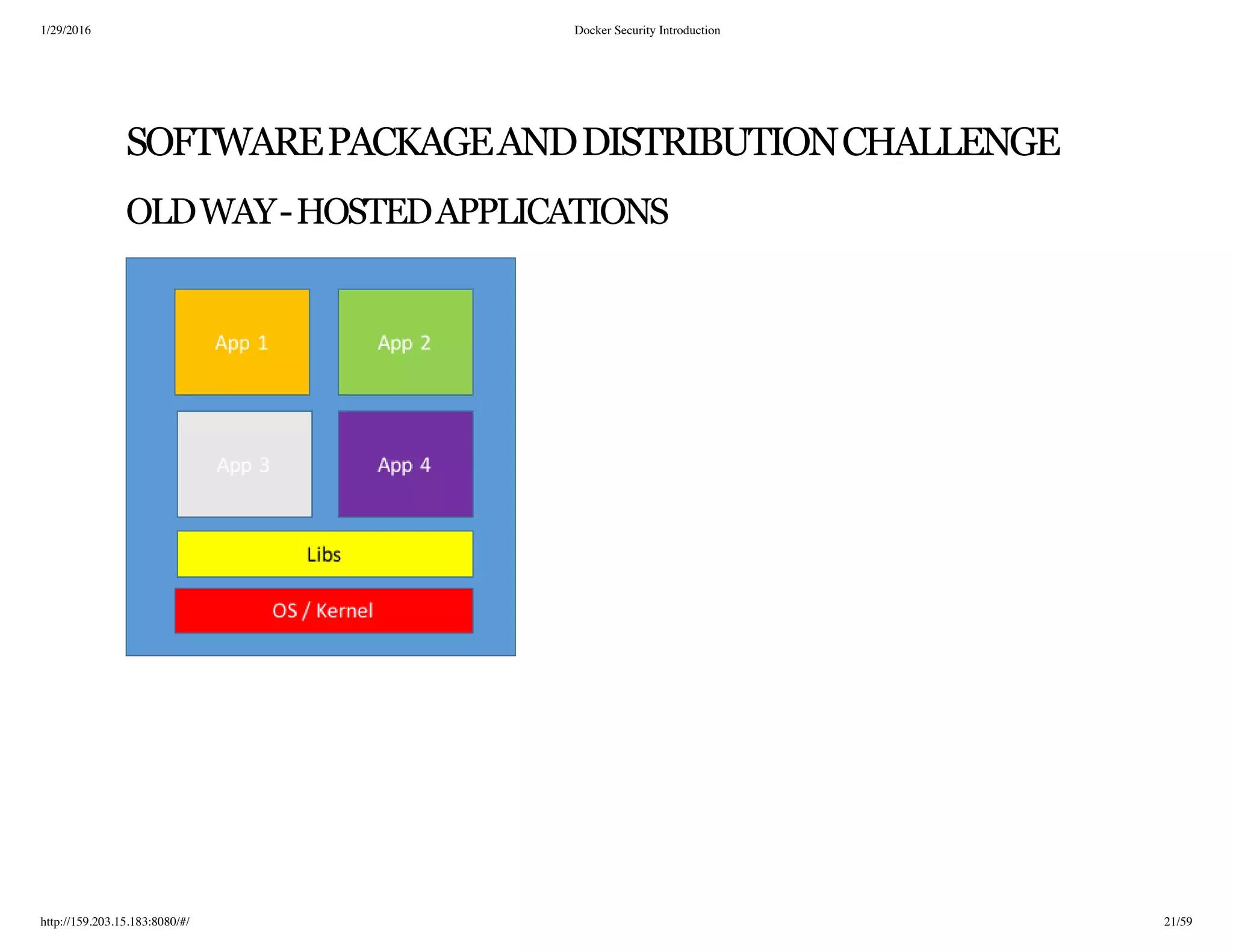 1/29/2016 Docker Security Introduction
http://159.203.15.183:8080/#/ 21/59
SOFTWAREPACKAGEANDDISTRIBUTIONCHALLENGE
OLDWAY-HOSTEDAPPLICATIONS
 