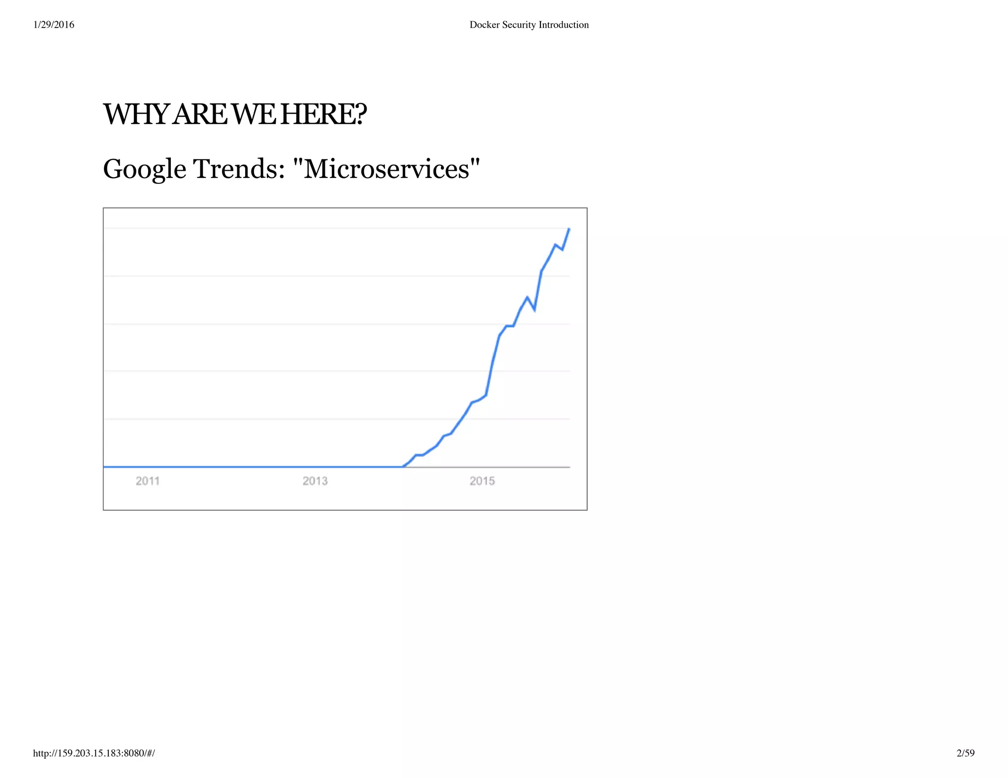 1/29/2016 Docker Security Introduction
http://159.203.15.183:8080/#/ 2/59
WHYAREWEHERE?
Google Trends: "Microservices"
 
