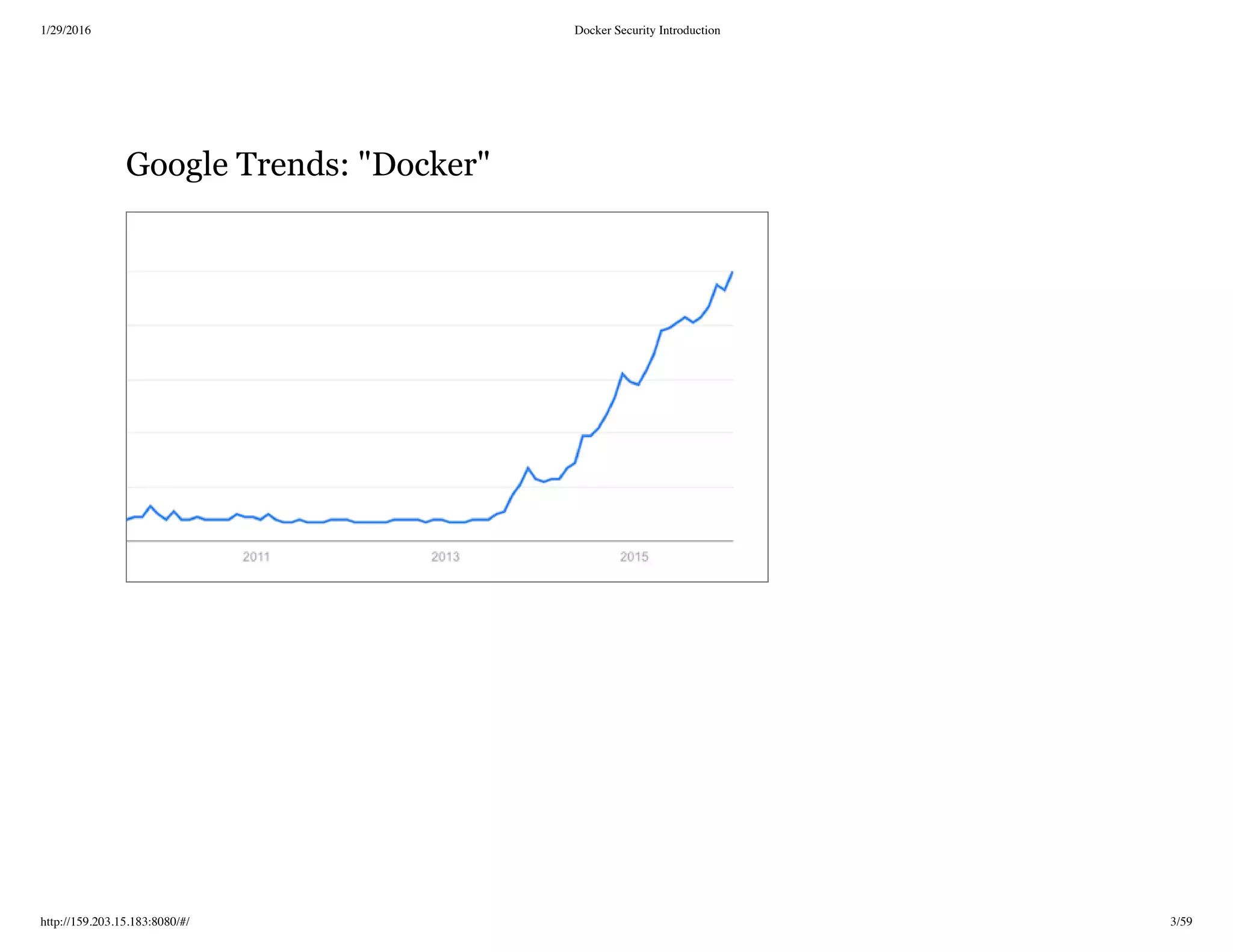 1/29/2016 Docker Security Introduction
http://159.203.15.183:8080/#/ 3/59
Google Trends: "Docker"
 
