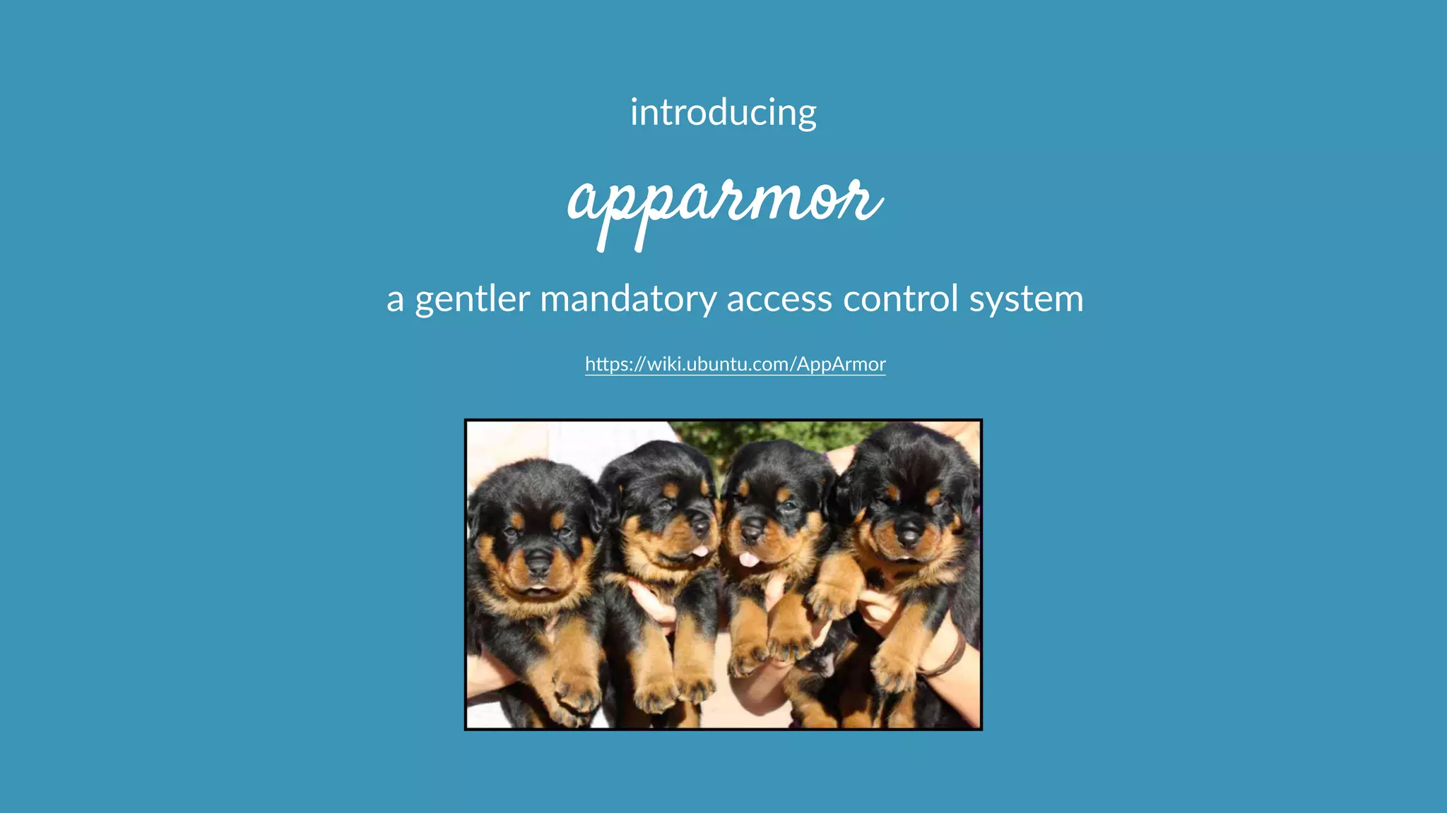 apparmor
a  gentler  mandatory  access  control  system  
hcps://wiki.ubuntu.com/AppArmor  
introducing  
 