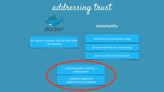 community  
addressing trust
automate  policy  audiOng  +  
enforcement
for  a  given  container,  tell  me  who/what  
I  am  trusOng
build  from  a  trusted  base  image
be  aware  of  who  you  are  trusOng
don’t  overrely  on  Docker  hub
tooling  to  apply  and    
validate  security  updates
 