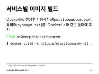 서비스별 이미지 빌드
Dockerﬁle 생성후 사용자사전(servicecustom.csv),
유의어(synonym.txt)를4
Dockerﬁle과 같은 폴더에 복
사
FROM n42corp/elasticsearch
$ docker build -t n42corp/elasticsearch-n42 .
4
https://github.com/n42corp/search-ko-dic
Docker Seoul Meetup #4, 2015 34
 