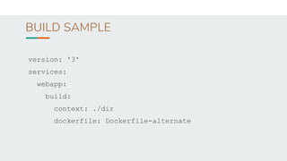 BUILD SAMPLE
version: '3'
services:
webapp:
build:
context: ./dir
dockerfile: Dockerfile-alternate
 