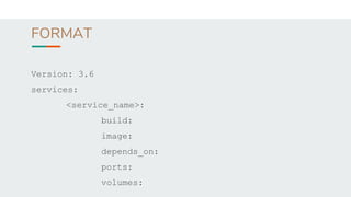 FORMAT
Version: 3.6
services:
<service_name>:
build:
image:
depends_on:
ports:
volumes:
 