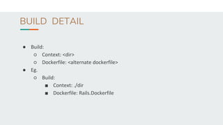 BUILD DETAIL
● Build:
○ Context: <dir>
○ Dockerfile: <alternate dockerfile>
● Eg.
○ Build:
■ Context: ./dir
■ Dockerfile: Rails.Dockerfile
 