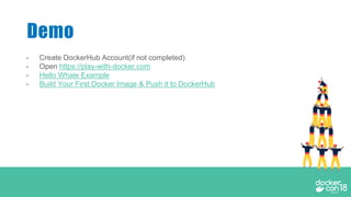 - Create DockerHub Account(if not completed)
- Open https://play-with-docker.com
- Hello Whale Example
- Build Your First Docker Image & Push it to DockerHub
Demo
 