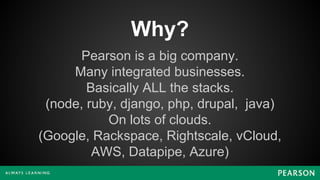 Why?
Pearson is a big company.
Many integrated businesses.
Basically ALL the stacks.
(node, ruby, django, php, drupal, java)
On lots of clouds.
(Google, Rackspace, Rightscale, vCloud,
AWS, Datapipe, Azure)
 