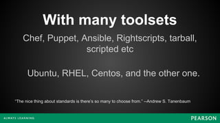 With many toolsets
Chef, Puppet, Ansible, Rightscripts, tarball,
scripted etc
“The nice thing about standards is there’s so many to choose from.” --Andrew S. Tanenbaum
Ubuntu, RHEL, Centos, and the other one.
 